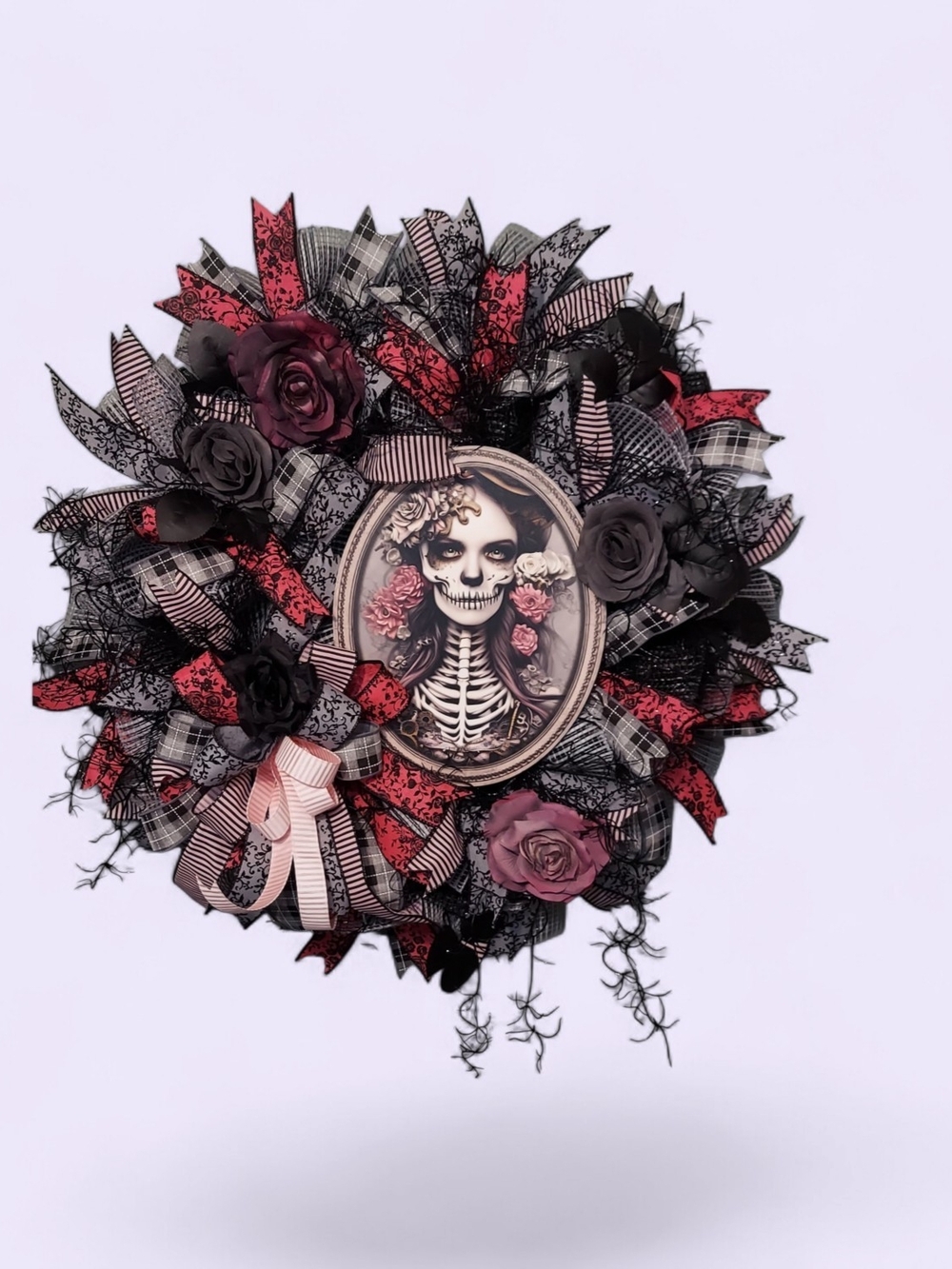 Hand Crafted Black & Pink Gothic Skeleton Portrait Wreath